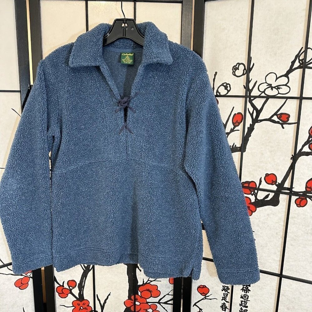 Cabela's Vintage Women's Pile Fleece Jacket Size M Lace Up Neck Blue Pullover